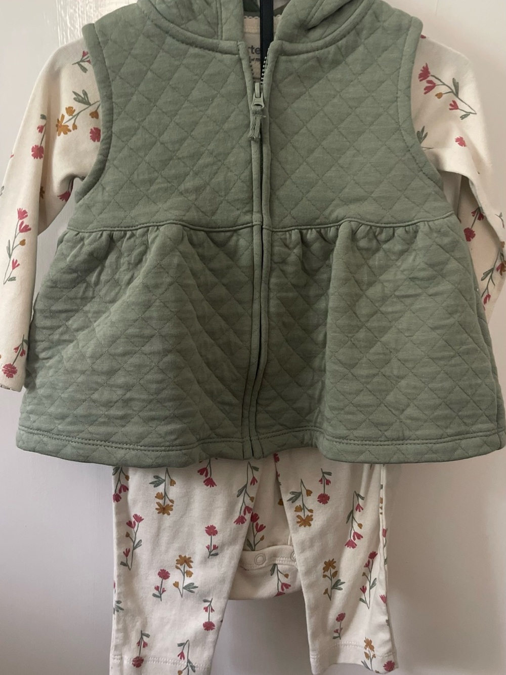 Carter's Green Quilted Hooded Vest with Floral Cream Romper Set